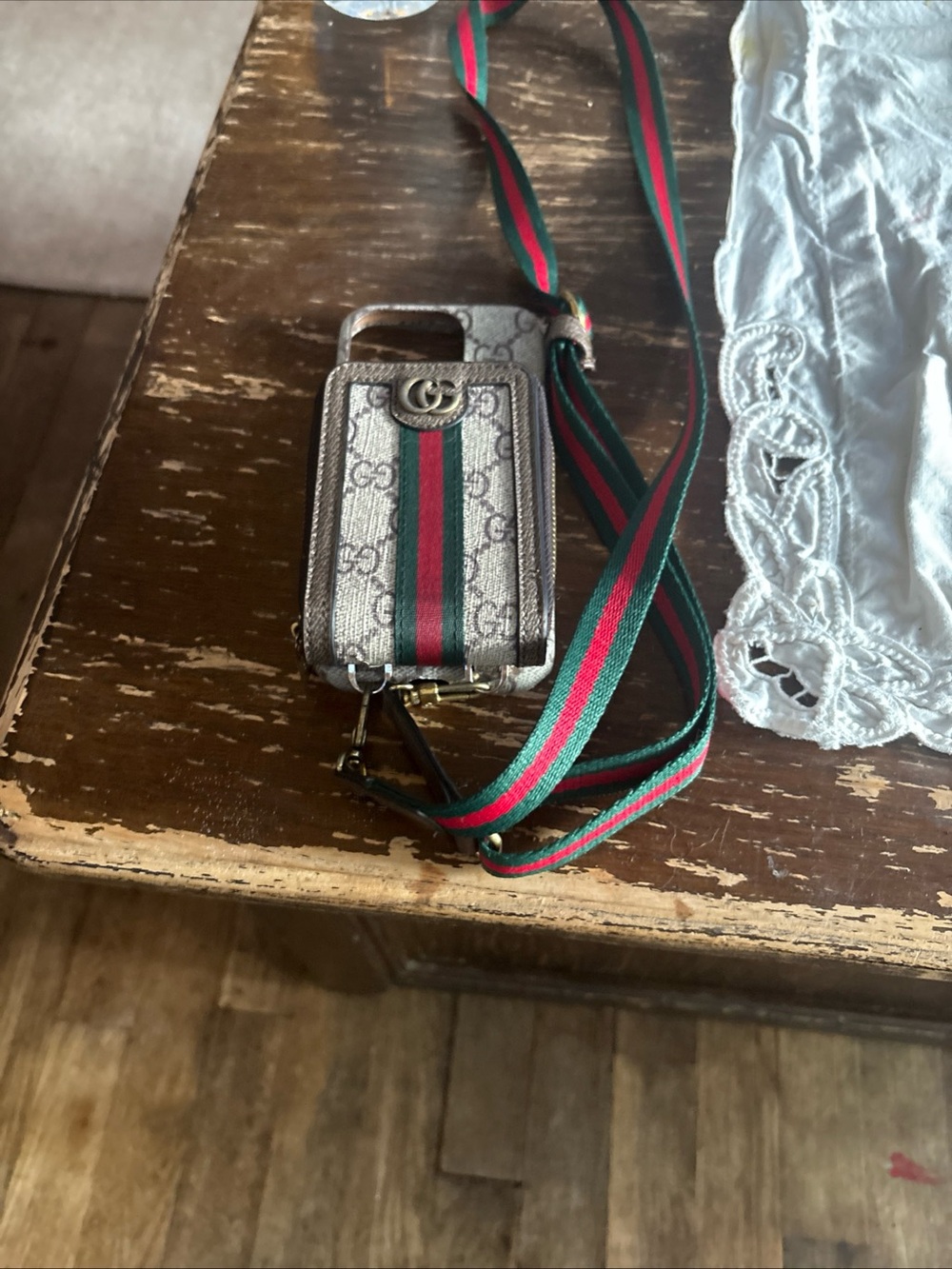 Gucci Beige GG Supreme Phone Crossbody with Green-Red Stripe
